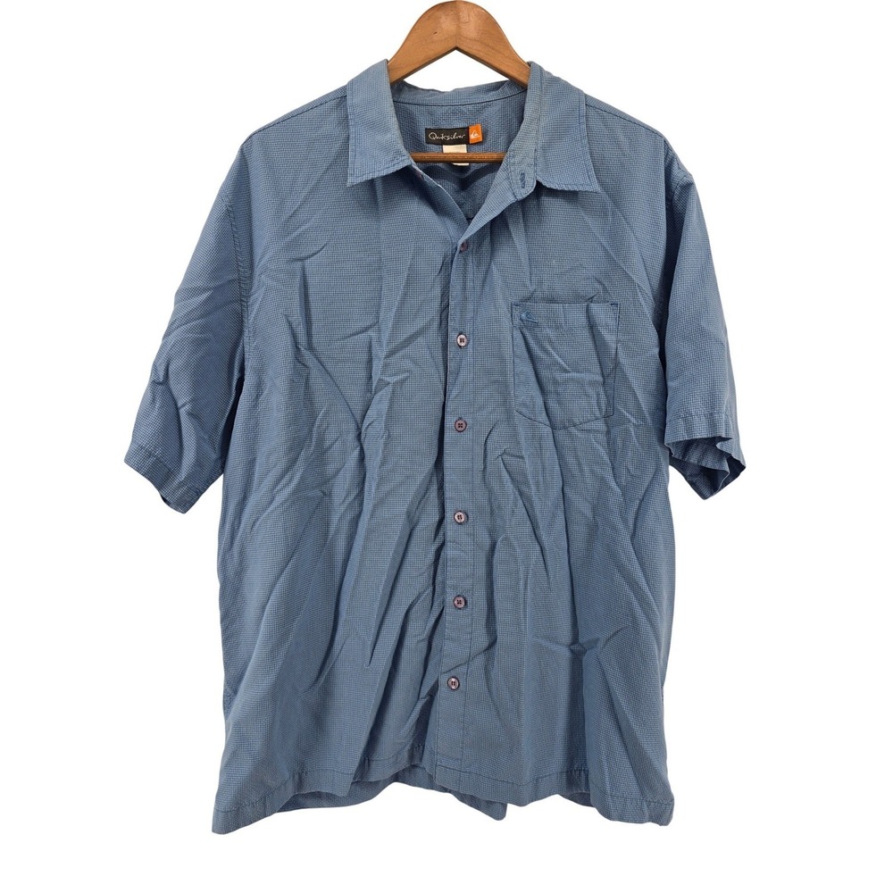 Quiksilver Button Front Shirt Mens XL Blue Micro Check Short Sleeve Casual Surf